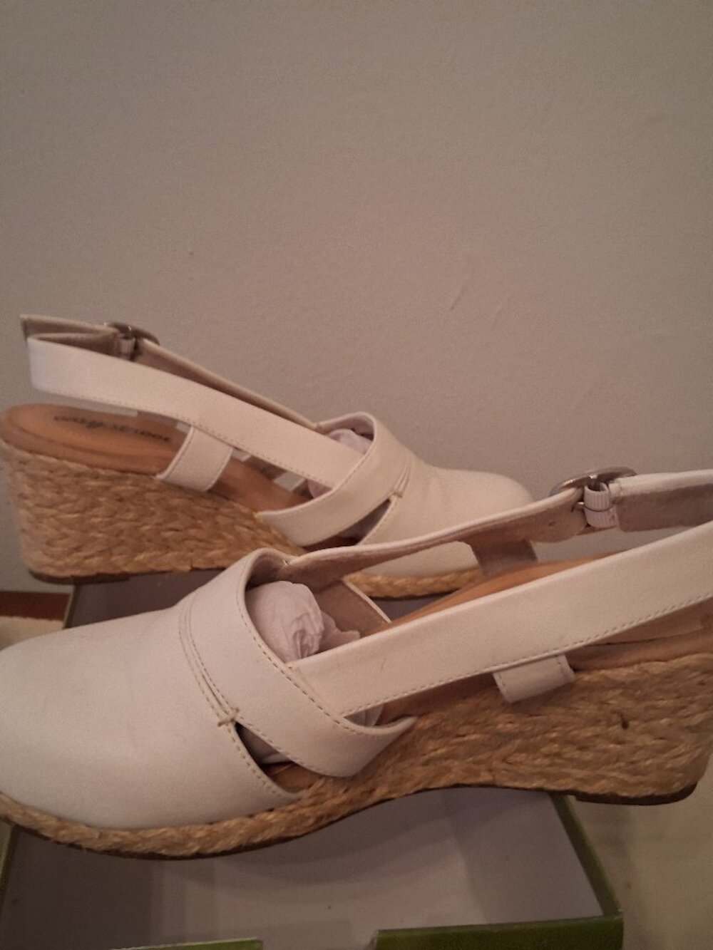 White Leather sling back espadrille.